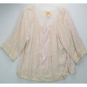 Ruby‎ Road Women Top SZ 1X Boho Pink Tan Pasliey Print Tassel Sleeves